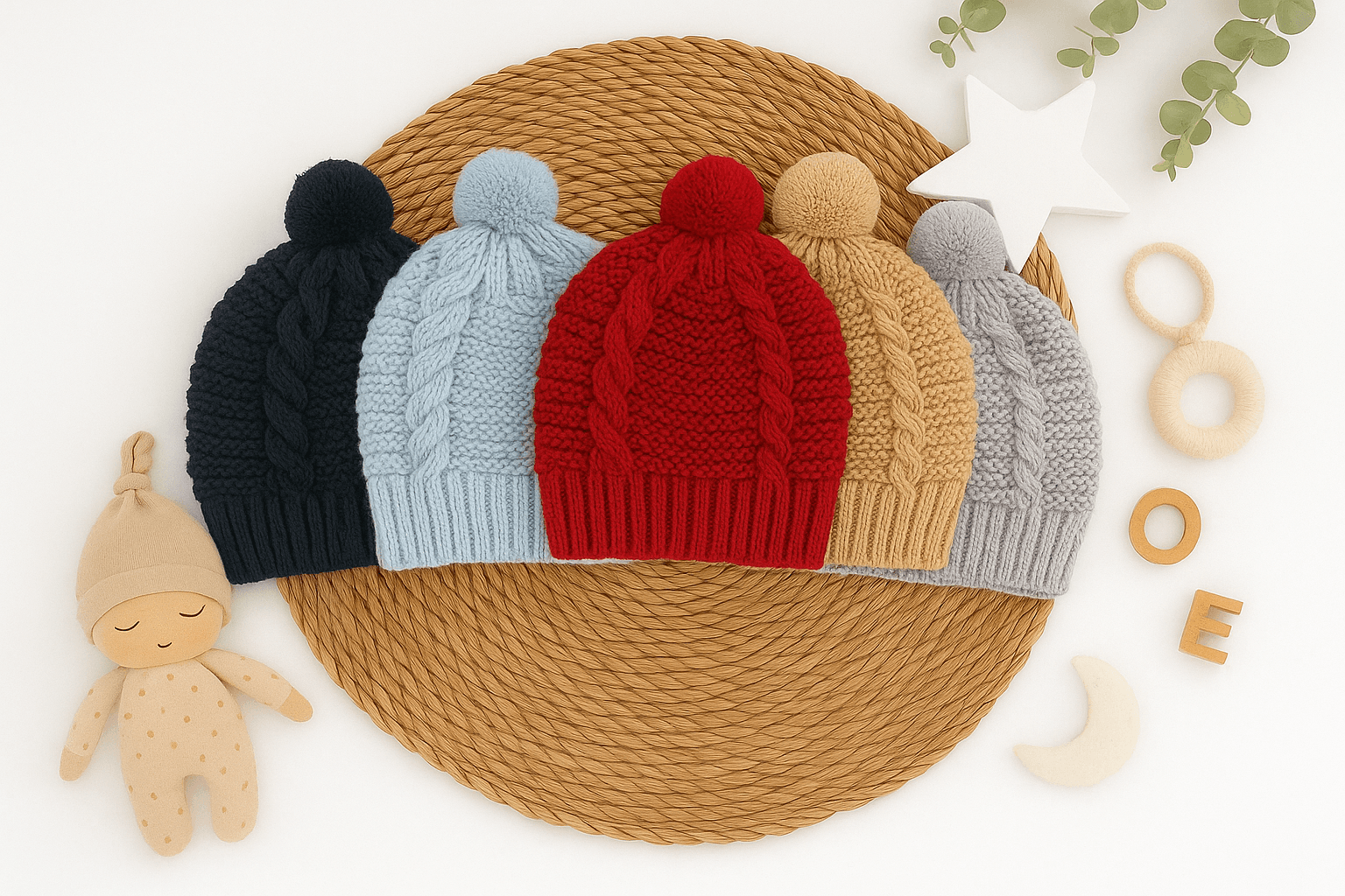 Gorro de Malha Trabalhada com Pompom para Bebé